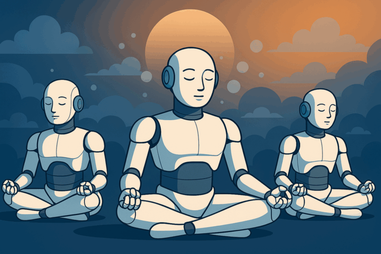 瞑想する3体の人型AIロボットが未来的な空間で静かに座るデジタルイラス