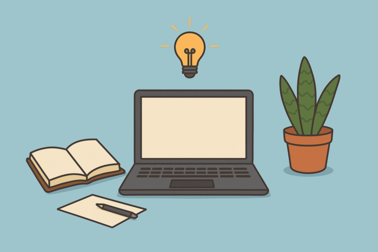 勇気をテーマにした、ノートとパソコンが置かれた落ち着いたデスクのデジタルイラスト