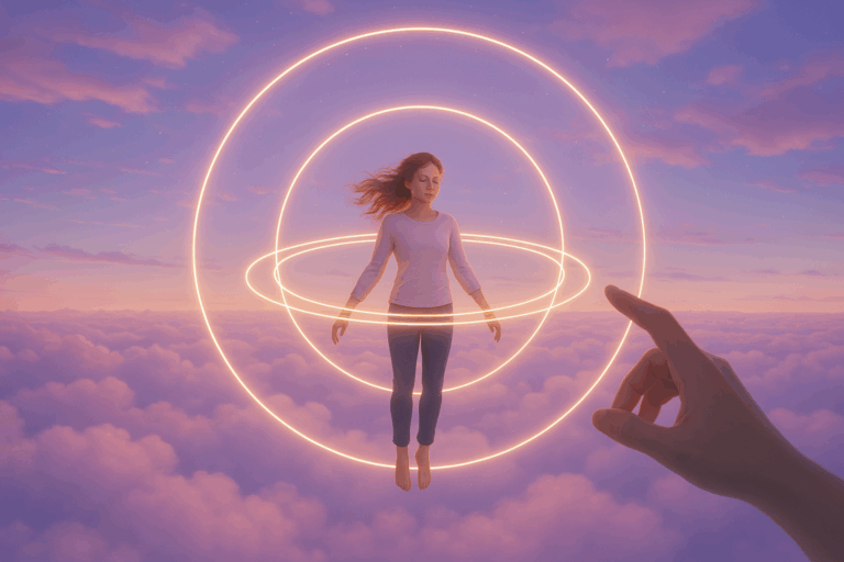 柔らかな光に包まれた幻想的な空間に、方向感覚も時間感覚も失われたような世界が広がり、すべての時間軸が交差する第五次元の入り口へと歩む人物の後ろ姿。