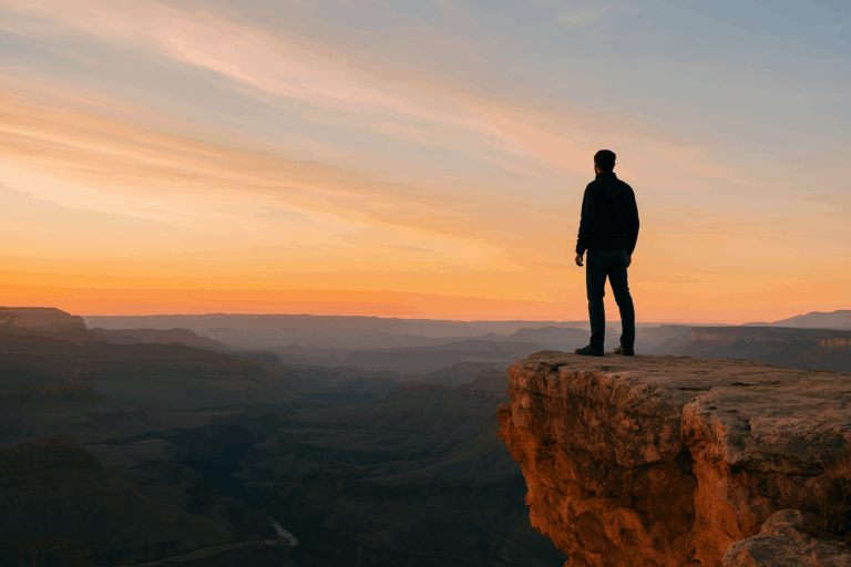 崖の縁から広がる風景を俯瞰した構図。曇り空の下、遠くに淡い光が差し込んでいる。