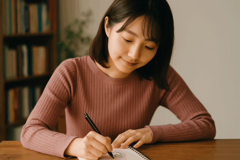 落ち着いた表情でノートにイラストを描くピンクのセーターを着た若い女性