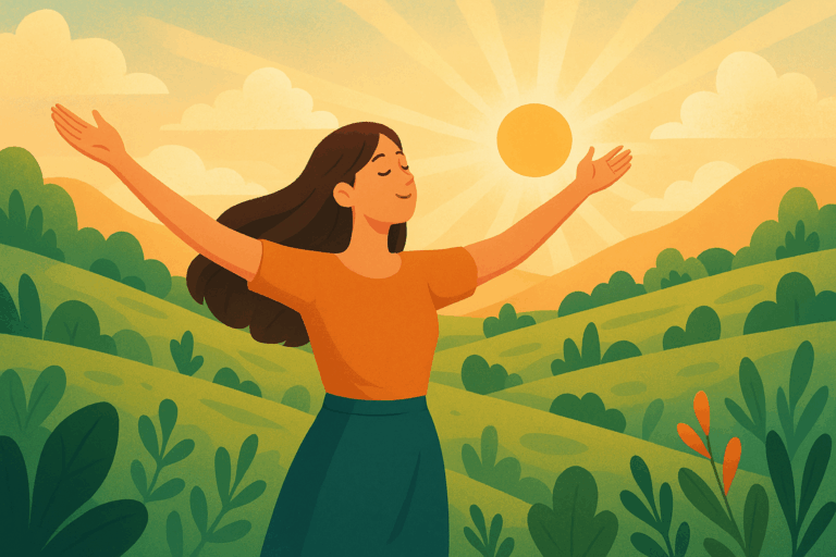 朝焼けに染まる山々が静かに連なり、空に広がる柔らかな光とともに、心の静けさと“足りない”思考からの目覚め