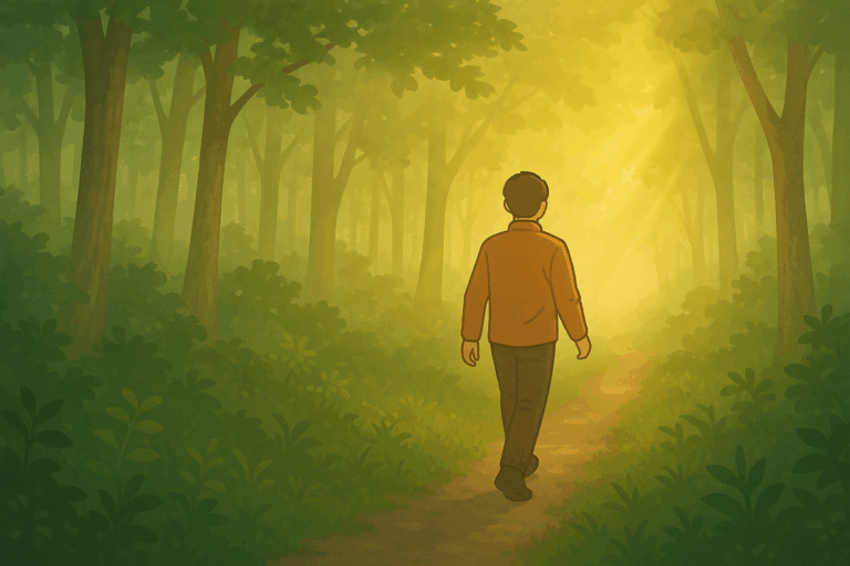 深い森に差し込む朝の柔らかな光に導かれるように、小道を一人で進む人物の後ろ姿。「やらねば」から「やりたい」へと、内発的な動機に背中を押される一瞬を象徴する静かな情景。