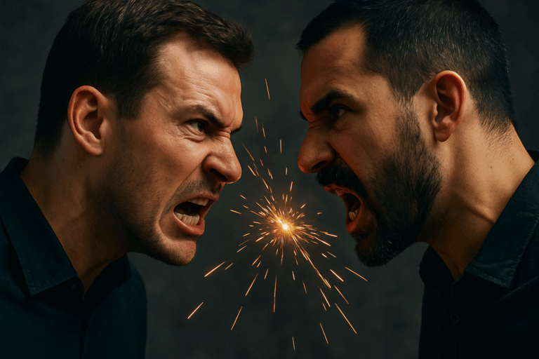怒りをあらわにした二人の男性が向き合い、感情の衝突を象徴する火花が散っている情景