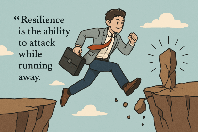 スーツ姿の若手起業家が崖から崖へ飛び移る様子。レジリエンス（折れない心）を象徴する場面