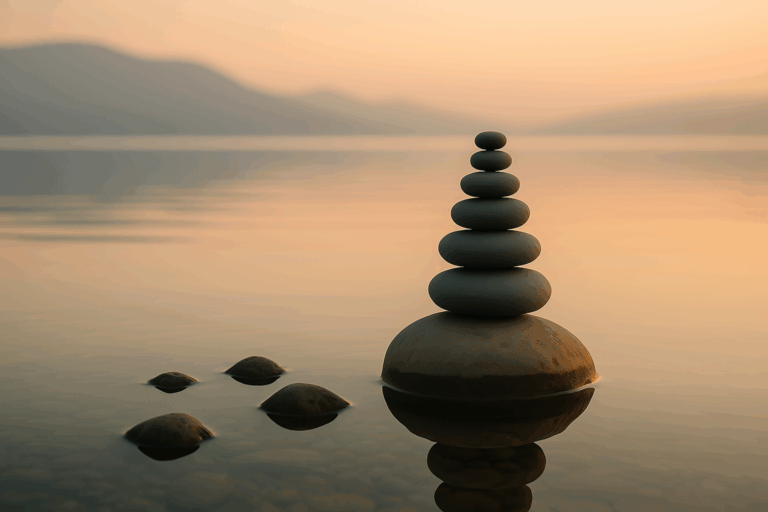 夕暮れ時の湖畔に積まれた石と静かな水面。調和と内なる平穏を象徴する静謐な風景。