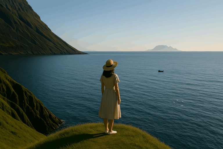草帽をかぶった人物が小さく映る、緑の崖と青い海が広がる風景。 足元には草が生い茂り、遠くの水面には小舟と水鳥が点在する、明るい昼の情景。