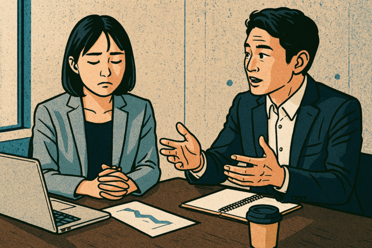 沈黙の中で向き合う二人を描いた漫画風の静かな場面