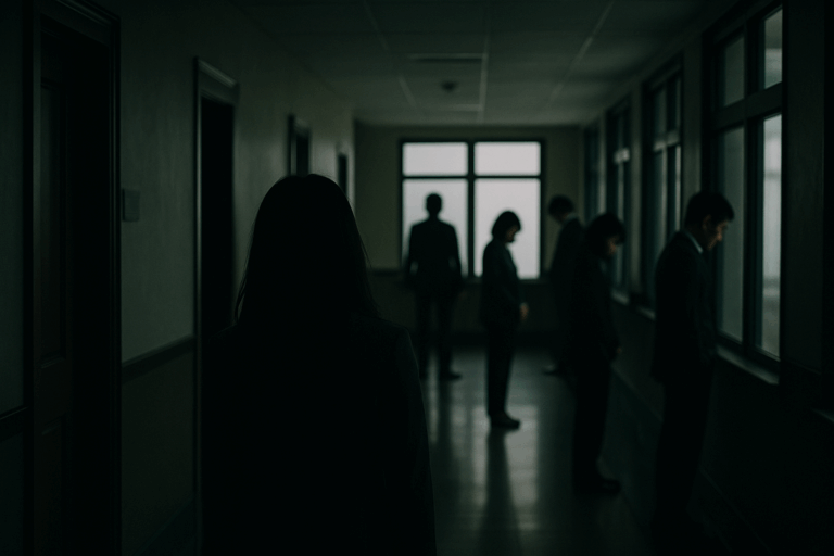 暗い廊下に立つ数人の人影が、静かに広がる“もう一つの病”を象徴している