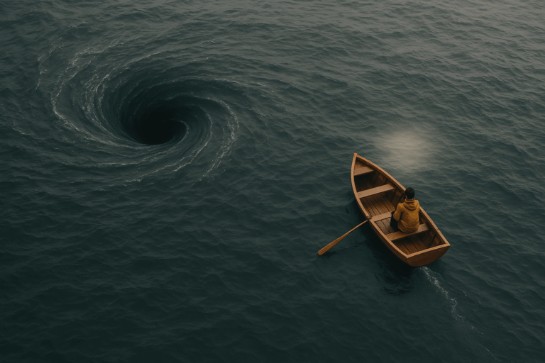 広がる渋滞の中、誰にも従わず立ち止まる一人の人物。雑音から距離を置き、自分の選択に静かに立ち返る瞬間を象徴する。