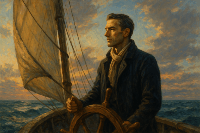 セーリングボートの舵を握りながら夜明けの海を見つめる男性。ストア派の哲学的静けさと内面の強さを象徴。
