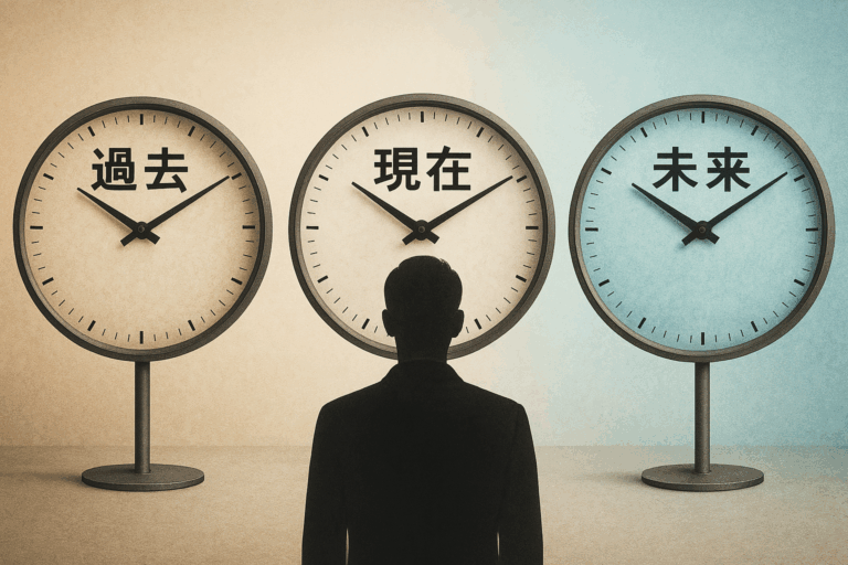 象徴的に描かれた時計の針と三つの道が交差する風景。過去・現在・未来を表す柔らかな光が広がり、個人の選択と人生の流れを示唆している。