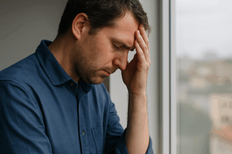 窓際で頭を抱える男性が、何かに気づき後悔している様子