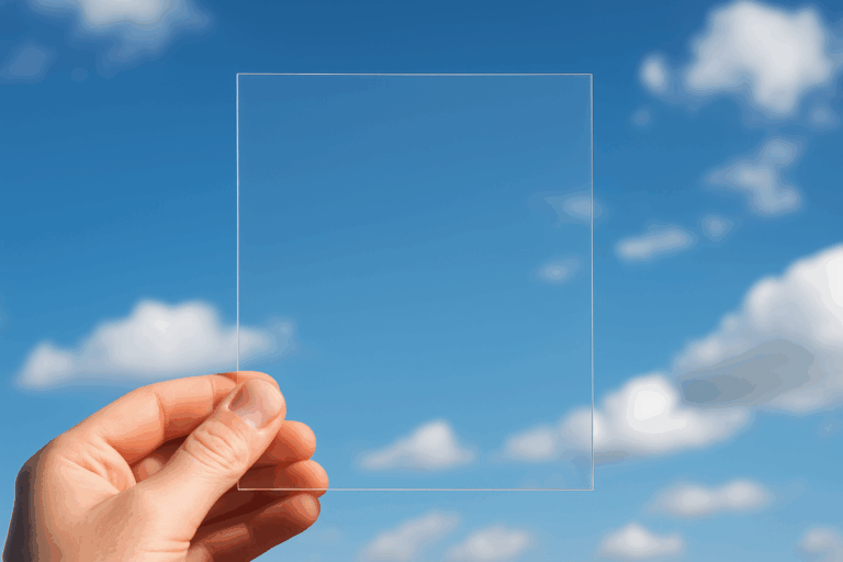 透明なガラス板を青空にかざす手のクローズアップ