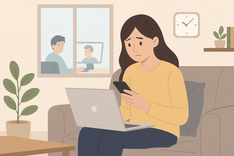 自宅のソファでノートパソコンとスマホを操作する女性と、窓の向こうでビデオ通話中の男性のイラスト