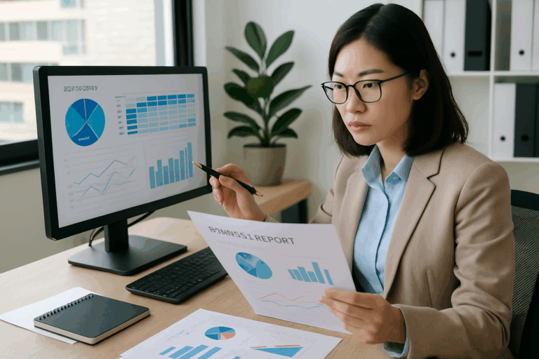 ビジネススーツを着た女性が、デスクでモニターのグラフと資料を見比べながらデータ分析をしている。静かな集中力が漂うオフィス空間