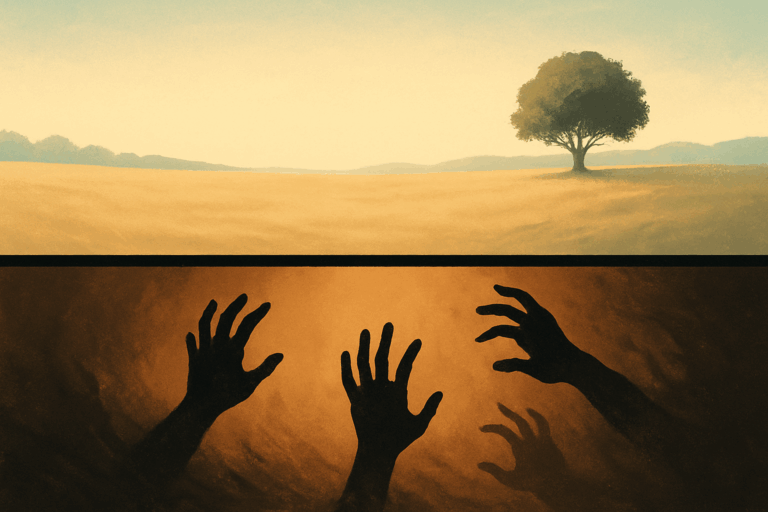 上部には平和な風景と一本の木、下部には混乱と緊張を象徴する黒い手の影が描かれた、境界線と人間関係のバランスを示すイラスト。