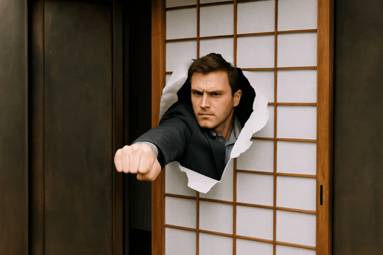 壁を突き破って前へ進む男性の姿。自己制限を乗り越える象徴的なシーン