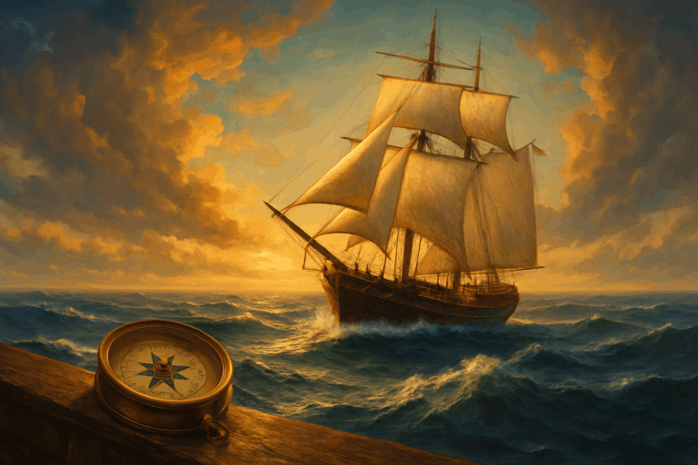 夕焼けの海を航行する帆船と木製の手すりに置かれた真鍮のコンパス