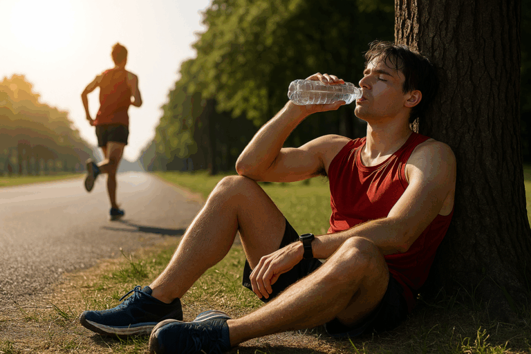 炎天下のランニング後、木の下で水を飲みながら座って休む若い男性ランナーの様子