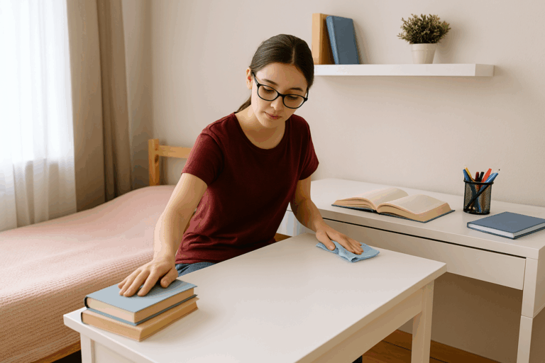 整理整頓された机で勉強を始める女子高校生の姿