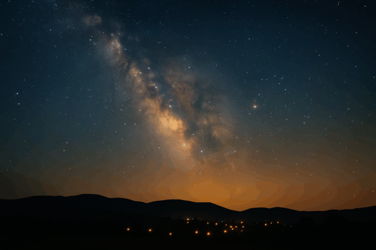 夜空に広がる天の川と、山のシルエットに灯る静かな光が感情の安定と内なる平穏を象徴する風景