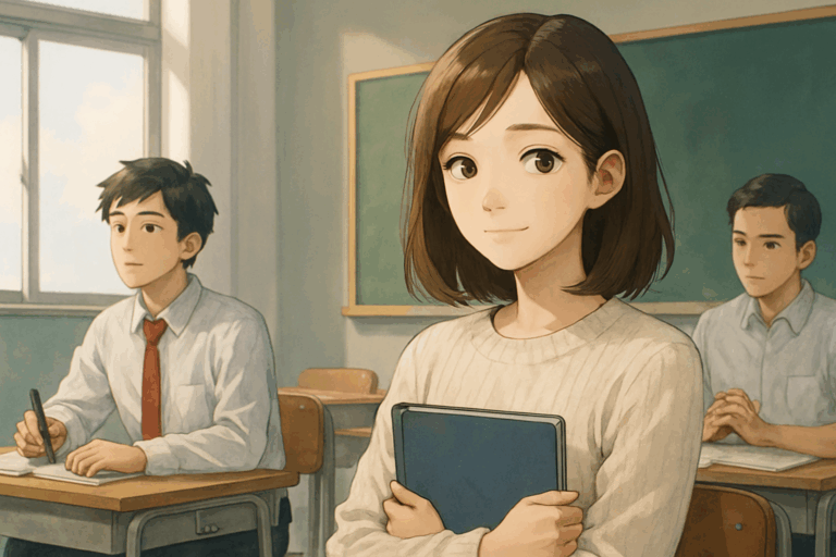 教室で本を抱えて微笑む女子学生と、机で勉強する男子学生たちのイラスト