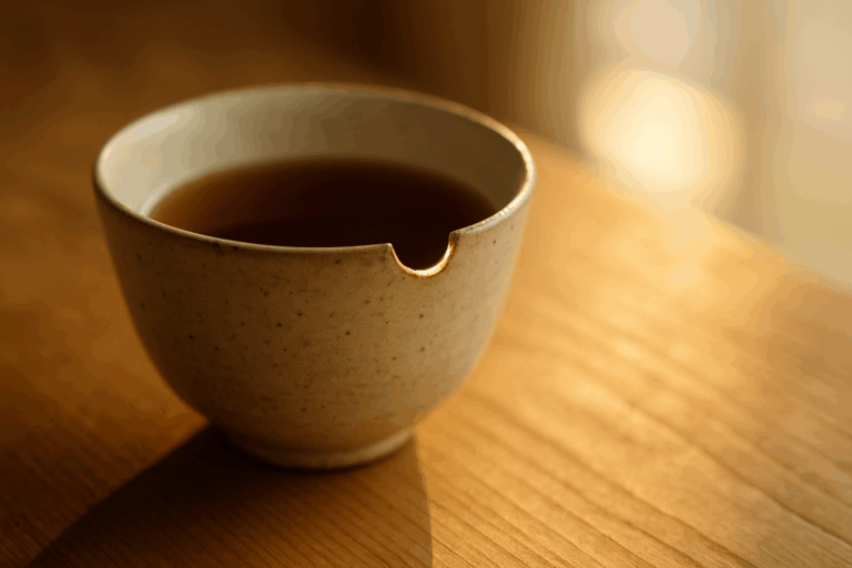 ひび割れた陶器の茶碗に柔らかな光が差し込み、不完全さの美しさを映し出している様子