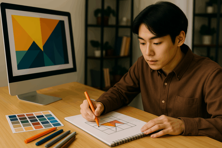 幾何学模様のデザインをノートに描く若い東アジア人男性。カラースウォッチやペンが机に散らばり、彼の集中した表情が自分のスタイルを模索する姿を表してい