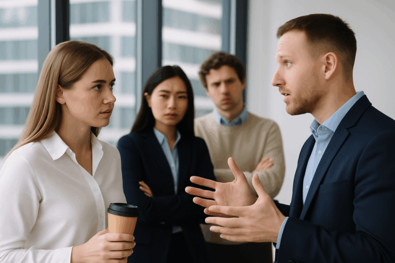 ガラス張りのオフィスで、欧米系の男女とアジア系女性が真剣に会話している様子。他者に影響を与えようとする姿勢を象徴するシーン。