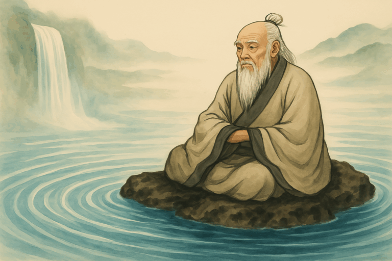 老子が岩の上に座り、水の流れとともに瞑想する東洋風の水墨画風イラスト