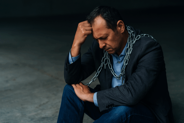 チェーンに縛られたスーツ姿の男性が、悩み苦しむ様子で地面に座っている。悔しさと執着の象徴的なイメージ。