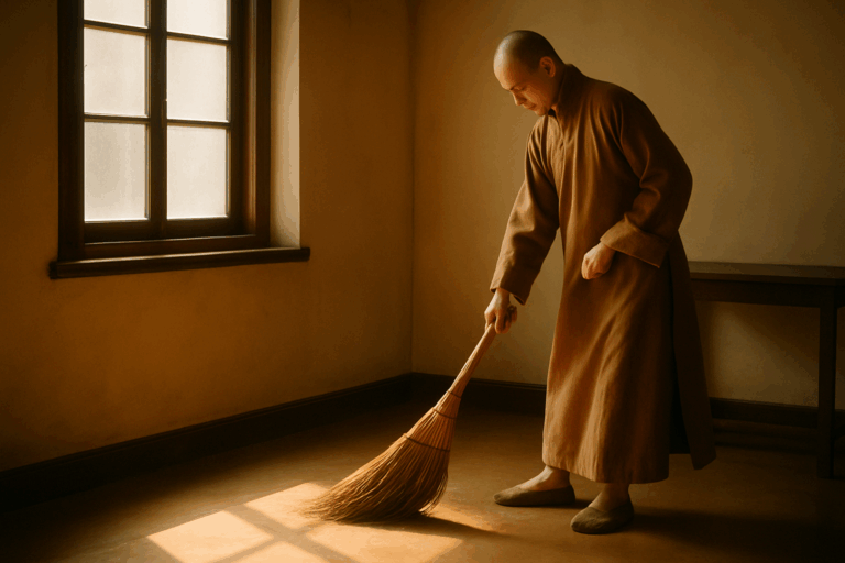伝統的な空間で、茶色の僧衣をまとった男性が丁寧に床を掃く様子。心の落ち着きと内省を象徴するシーン