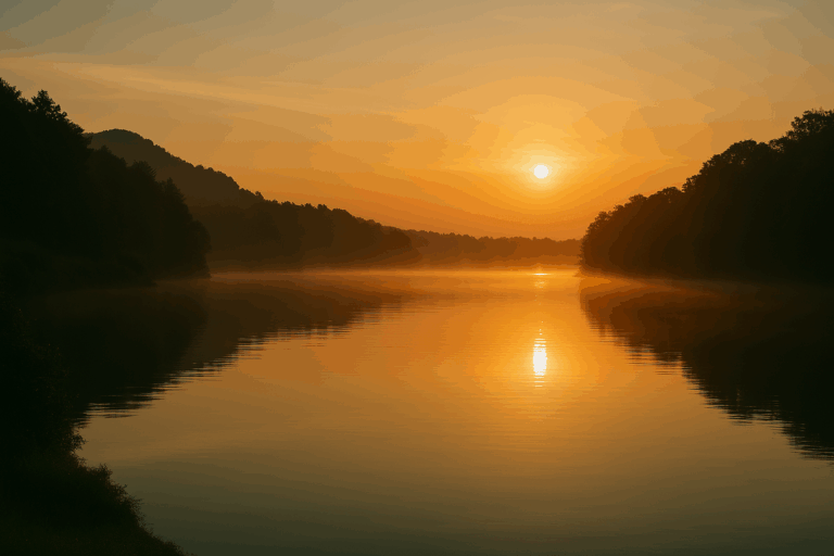 穏やかな朝の風景に広がる静かな水面と柔らかな光。『prompt』が持つ即時性と始まりの勇気を象徴する情景