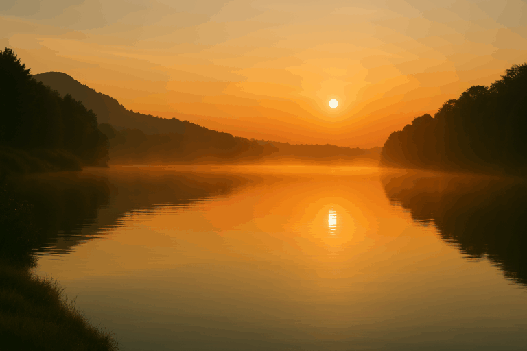 夕暮れの風景に続く道が、水面に映りながら進んでいく様子。『reverse』の意味する視点の転換と希望の選択肢を象徴する静かな瞬間