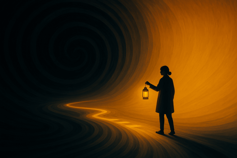 暗闇の渦の前でランタンを持ち、光の道を照らして歩き出す人のシルエット