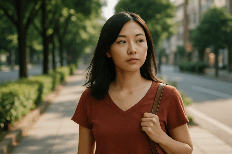 感情的に打ちひしがれた様子で顔を覆う女性。階段に座り、赤いレンガの壁に寄りかかっている