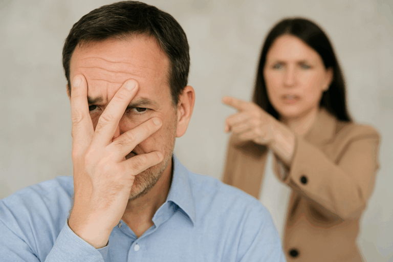 顔を手で覆いながら指を間から覗く男性と、彼を非難する女性の姿。責任転嫁と自省欠如を示す場面。