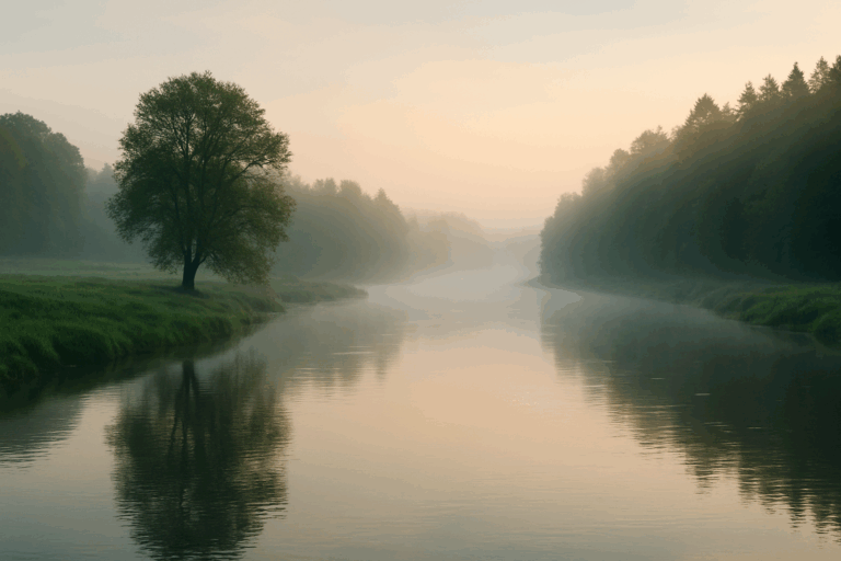 朝霧に包まれた静かな川と森の風景。ゆっくりとした自然の時間を象徴する風景