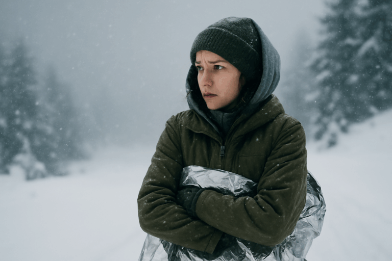 雪の中、緊急用ブランケットをまとい寒さに耐える女性。生き延びるための覚悟が表情に表れている