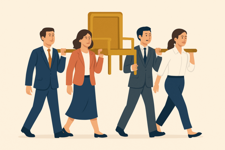 職場で協力し合う4人のビジネスパーソンを描いた、温かみのあるフラットイラスト