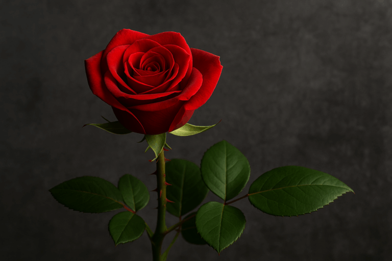 黒背景に咲く一輪の赤いバラ。鋭いトゲのある茎と濃緑の葉が、繊細な美しさと内なる強さを表現している。