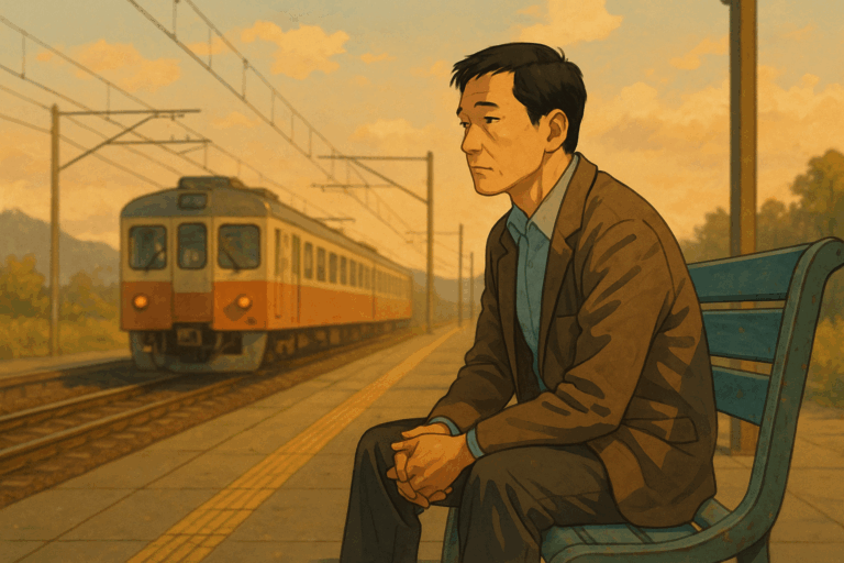 駅のホームで列車を見送る中年男性のイラスト。人生の別れと出発を象徴する静かな場面