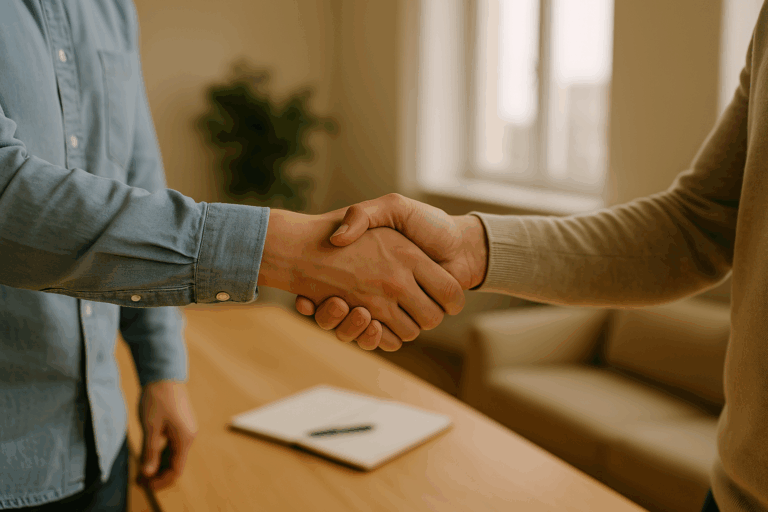 屋内の柔らかな光の中、2人の手がしっかりと握られている。『transaction』が象徴する、信頼と意味の交差する瞬間が静かに切り取られている