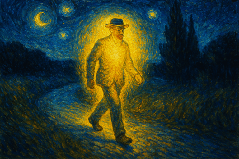 ゴッホが星空の下で歩く幻想的なシーン、独自の光を放つ姿を象徴