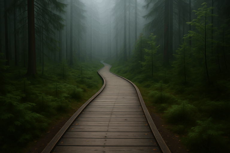 曲がりくねった木製の遊歩道が森の中に続く風景。本質を見抜くための思索の旅を象徴