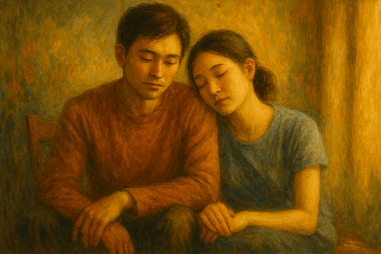 若い男女が木製ベンチに並んで座り、女性が男性の肩に静かに頭を預けている。『accompany』が象徴する、言葉を超えた寄り添いと安心が描かれている