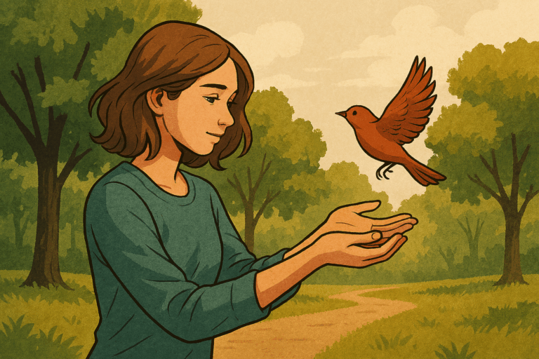 公園で若い女性が小さな鳥を静かに空へ放っている様子。『afford』が象徴する、手放す余裕と与える豊かさが描かれている。
