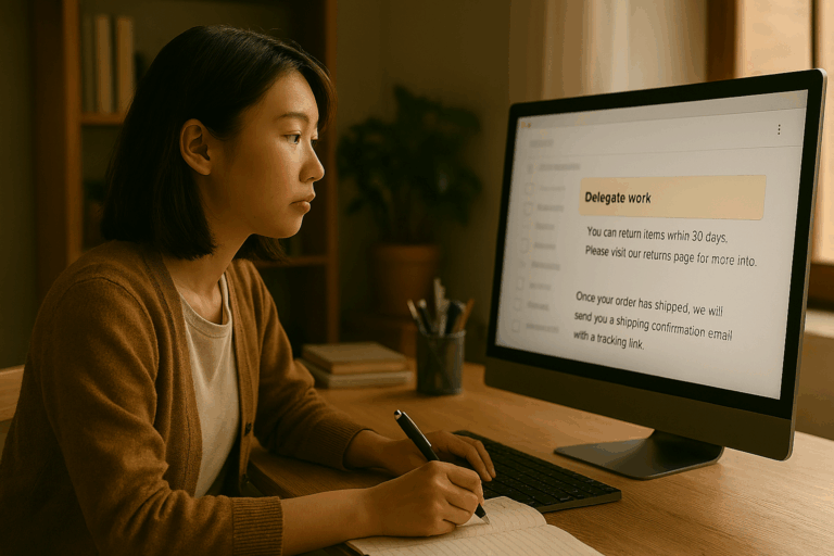 明るい部屋で若い女性がパソコン画面を見つめながらメモを取り、業務に集中している様子。『assign』が象徴する、自らの行動に意味を見出し、役割を担っていく姿が描かれている。