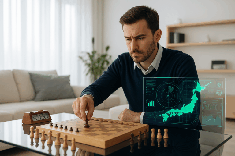 モダンなリビングでチェスに集中する男性の横に、緑色のホログラムが浮かび上がる。盤上の駒と未来のデータが交差するその瞬間、彼は一手の勝利ではなく、全体の流れを見つめている。